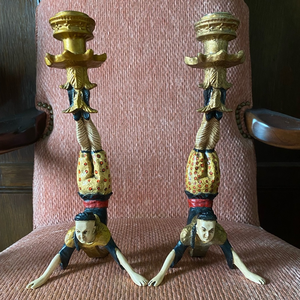 Vintage Candlestick Holders Asian Acrobat Pair